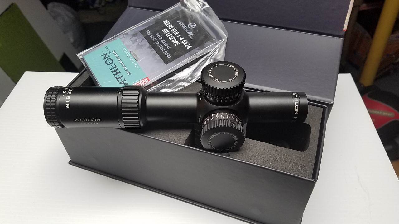 Original Athlon Helos BTR 1–4.5x24 scope displayed in its box